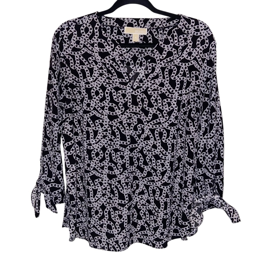 Michael Kors Top Womens XL Black White Chain Pattern Blouse Equestrian Old Money